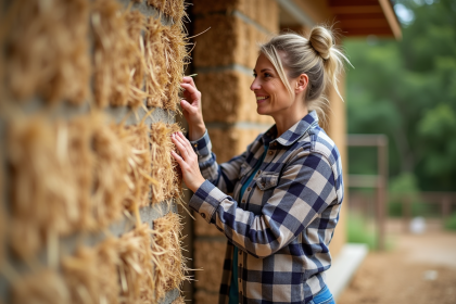 Femme en vêtements décontractés touchant la paille dans une maison écologique