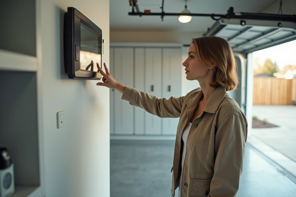 Femme utilisant un panneau de contr&ocirc;le dans un garage lumineux