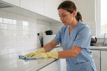 Femme de ménage professionnelle essuyant un plan de travail dans une cuisine moderne
