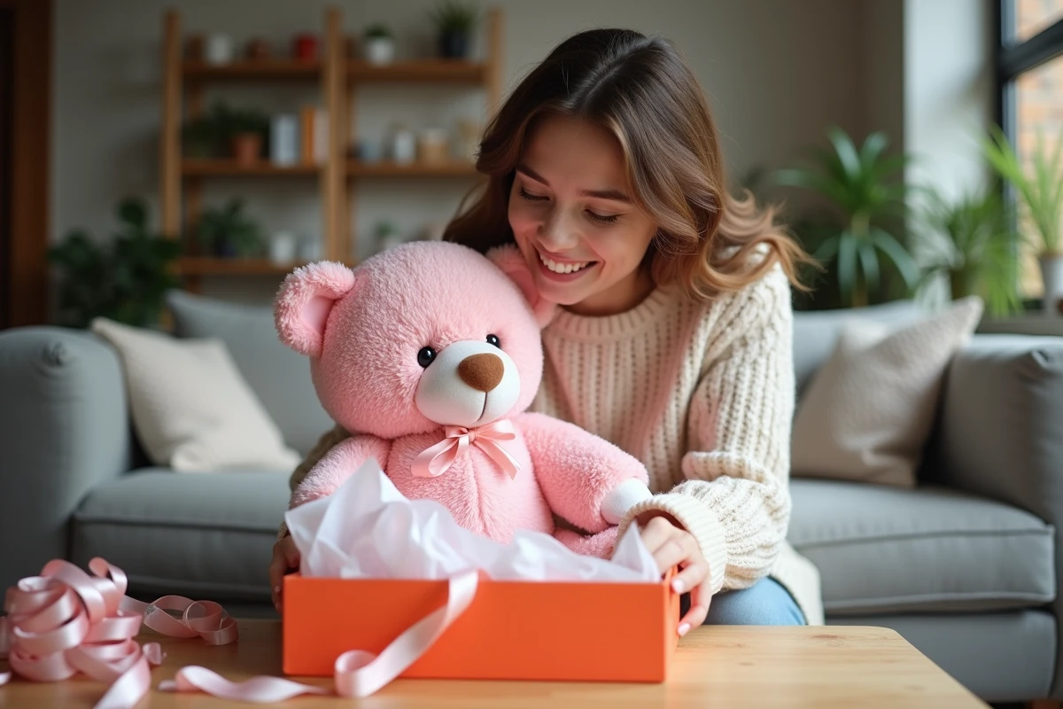 Jeune femme souriante découvrant un grand ourson rose dans un coffret cadeau, scène émouvante d'un cadeau inoubliable offert avec amour