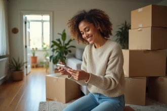 Femme souriante en déménagement dans sa nouvelle maison