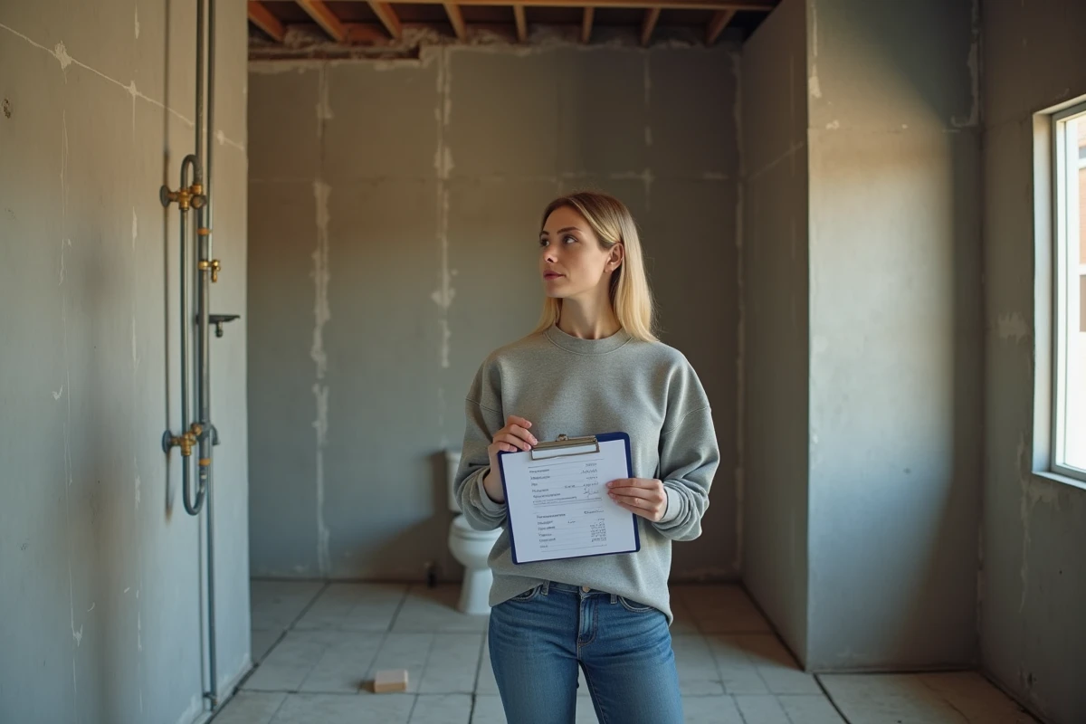 Femme tenant un devis de travaux dans une salle de bain en cours de rénovation avec murs nus et plomberie apparente