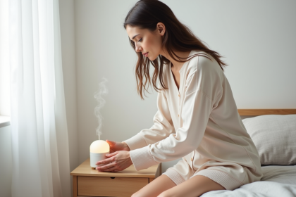 Femme ajustant un diffuseur d'huiles essentielles dans une chambre minimaliste