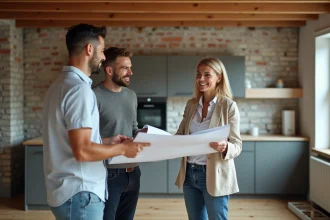Femme souriante discutant de plans de maison avec un jeune couple