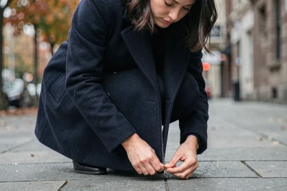 Femme réparant une fermeture éclair bloquée en bas de son manteau en laine marine dans la rue en automne