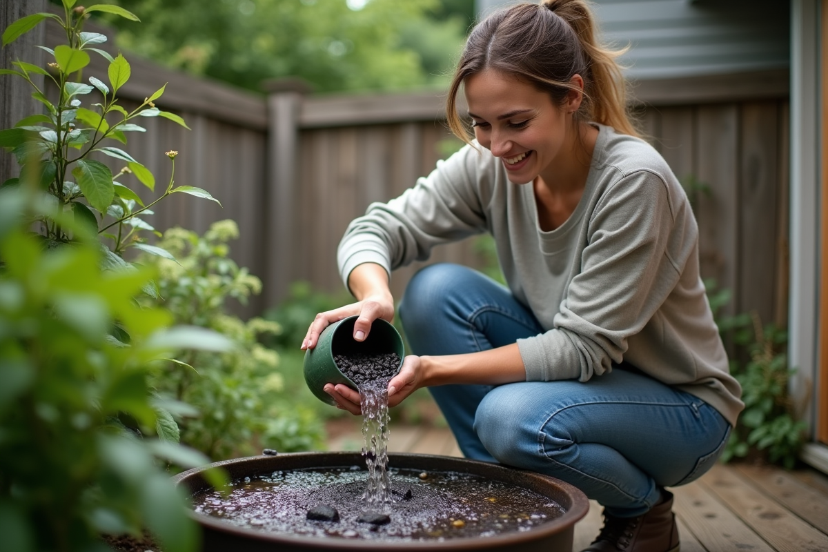 Femme filtre l'eau de pluie dans son jardin