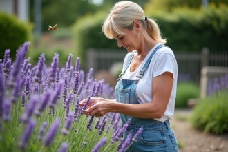 Femme en été s'occupe de lavande avec des guêpes