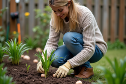 Femme en pull et jeans plantant des bulbes de lys dans le jardin