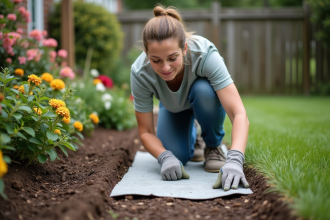 Femme en jardinage posant avec une barriere biodégradable