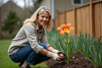 Femme d'âge moyen plantant une tulipe dans le jardin au printemps