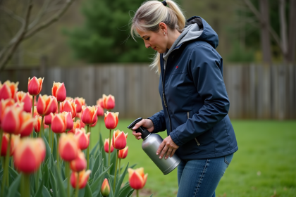 Femme appliquant un repellant aux tulipes dans le jardin