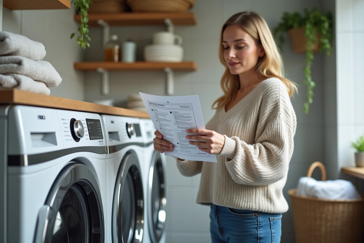 Femme lisant un manuel près d'une machine à laver moderne