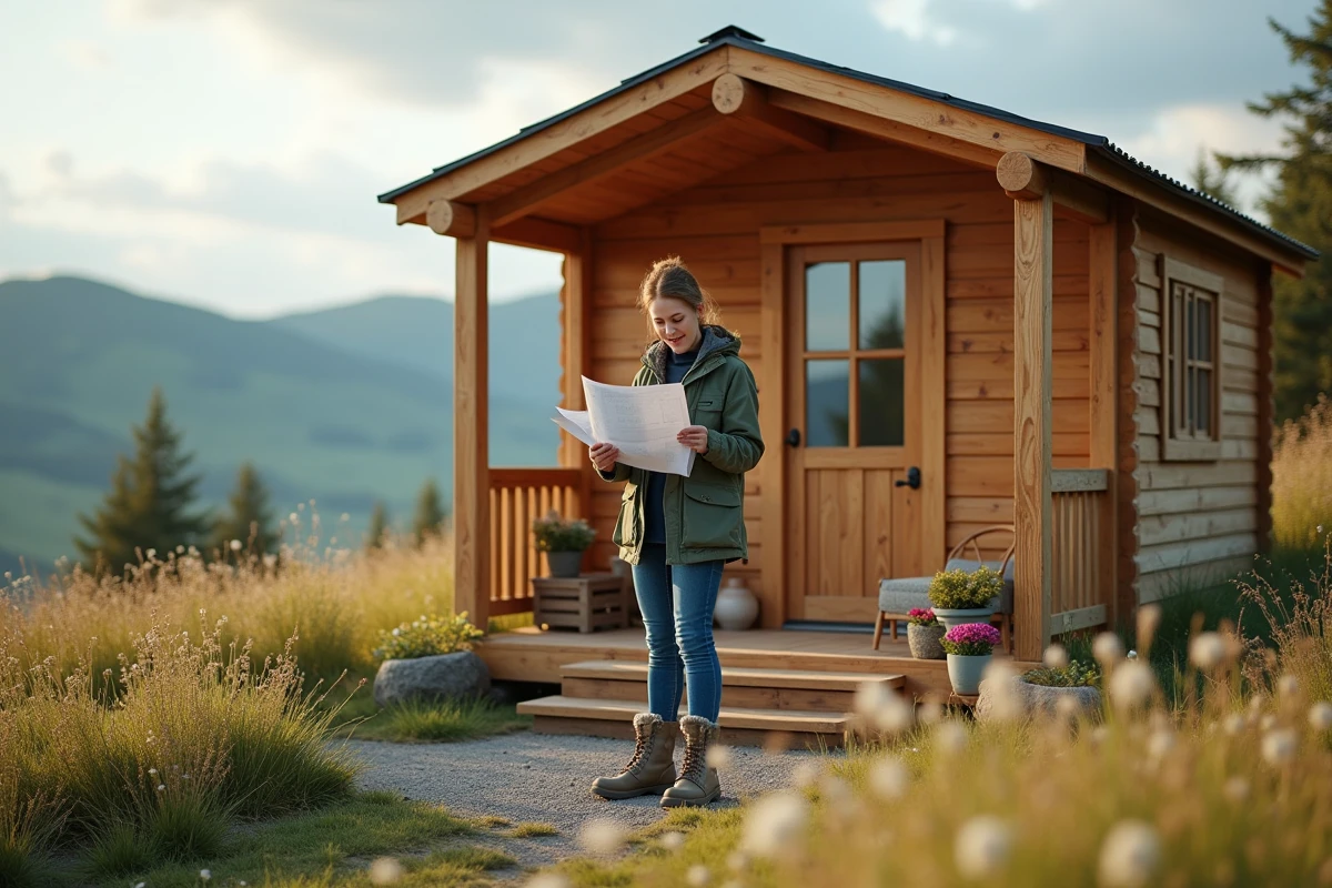 Femme lisant des plans devant un chalet fini