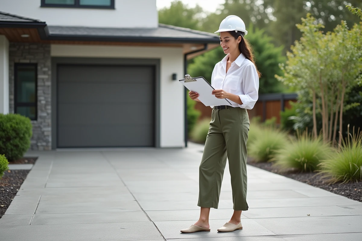 Jeune femme examinant des plans de renovation devant une all&eacute;e en b&eacute;ton