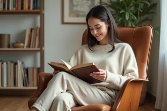 Femme élégante lisant dans un salon minimaliste