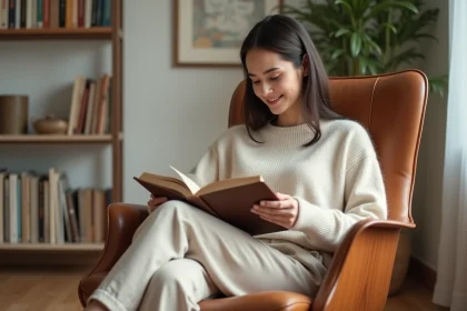 Femme &eacute;l&eacute;gante lisant dans un salon minimaliste