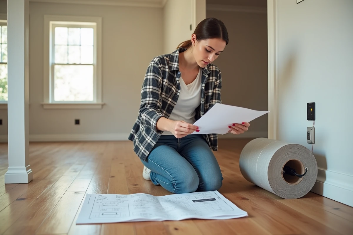 Jeune femme lisant un schéma électrique près d
