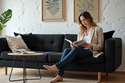 Femme élégante lisant un magazine dans un salon moderne