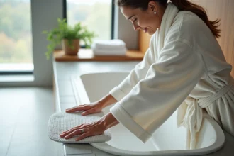 Femme en peignoir posant un tapis antidérapant dans la baignoire
