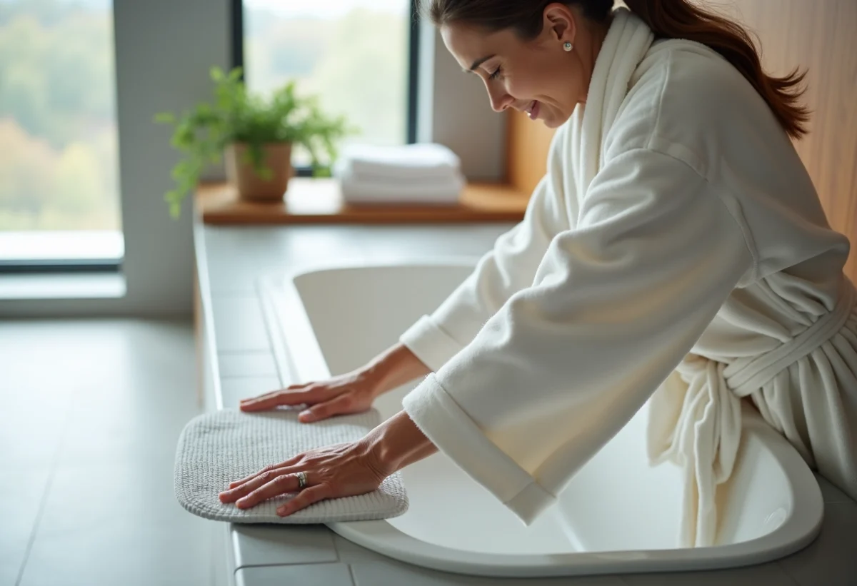 Femme en peignoir posant un tapis antidérapant dans la baignoire