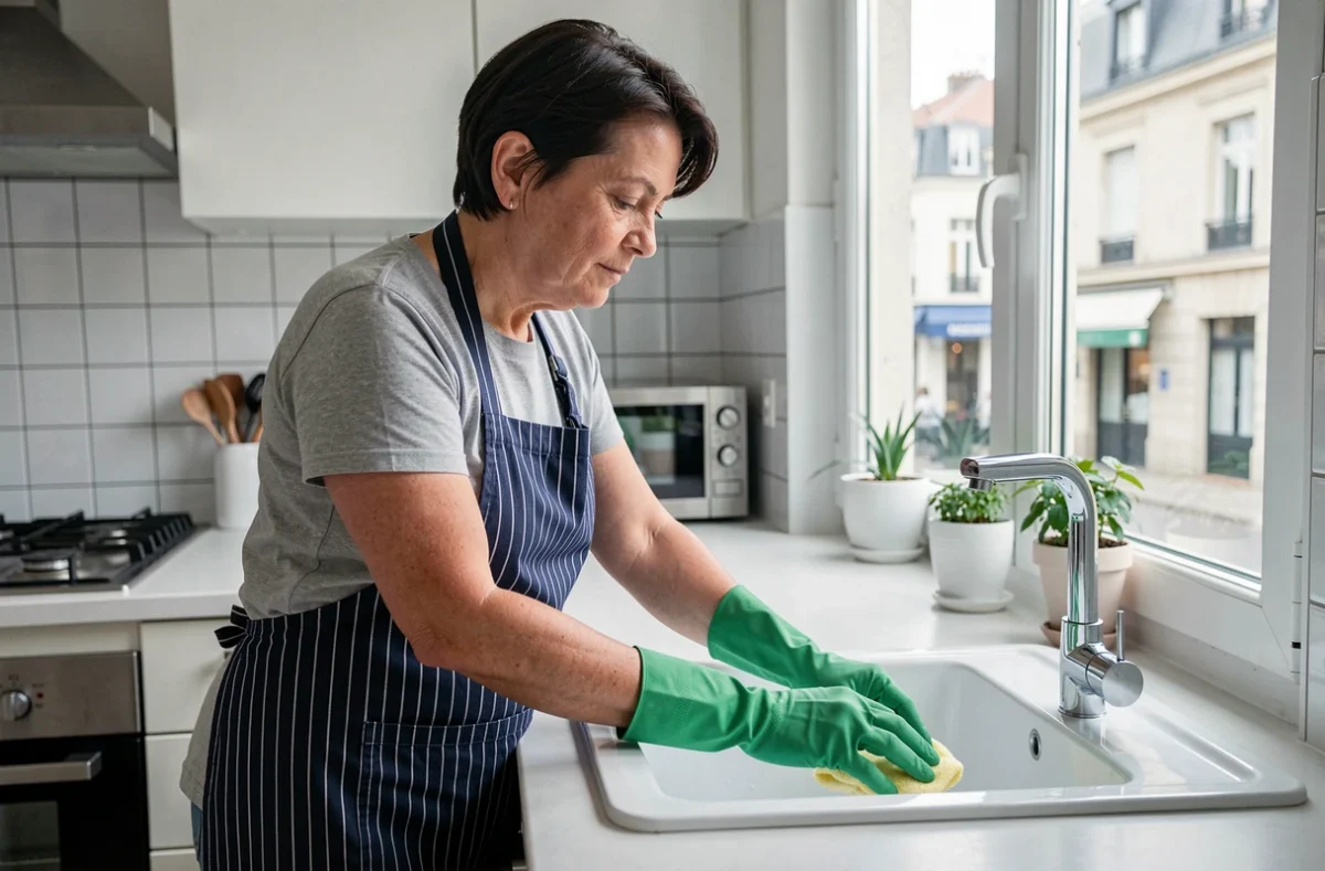 Femme de ménage nettoyant un évier de cuisine dans un appartement moderne, service à domicile à Arras