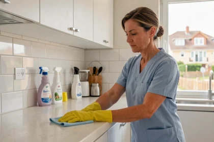 Femme de ménage professionnelle nettoyant un plan de travail dans un appartement moderne à Anglet
