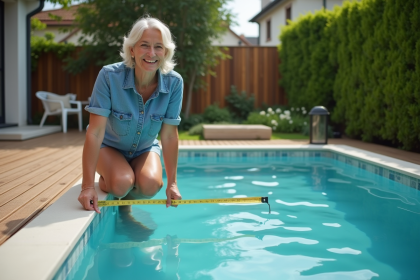 Femme souriante mesurant une piscine dans un jardin