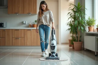 Femme nettoyant un carrelage avec un nettoyeur vapeur dans la cuisine