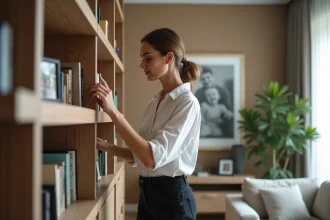 Femme d'âge moyen nettoyant une bibliothèque dans un salon moderne