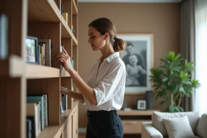 Femme d'&acirc;ge moyen nettoyant une biblioth&egrave;que dans un salon moderne