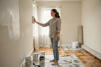 Femme tentant d'éliminer l'odeur de peinture fraîche dans un salon nouvellement repeint avec un chiffon humide