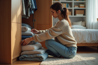 Femme organisant sa garde-robe dans une chambre moderne