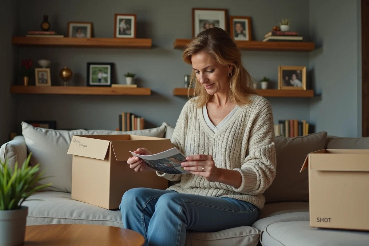 Femme triez des objets personnels dans un salon calme