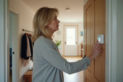 Femme utilisant un panneau de contrôle d'alarme Verisure à l'entrée de sa maison