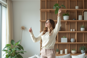 Jeune femme posant une plante sur une étagère haute dans un salon moderne