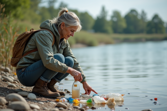 Femme examinant des déchets plastiques flottants au bord de la rivière