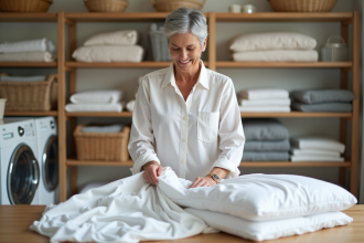 Femme plie des draps blancs dans une buanderie lumineuse