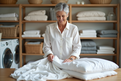 Femme plie des draps blancs dans une buanderie lumineuse