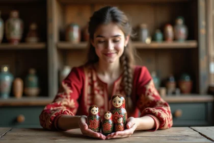 Jeune femme tenant un ensemble de poupées matriochkas russes colorées dans ses mains, ambiance folk chaleureuse