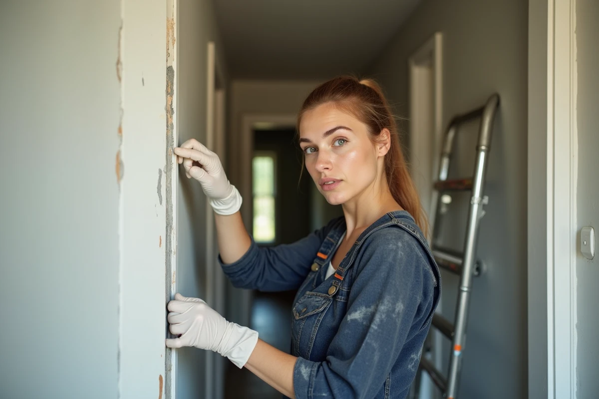 Femme renovatrice lissant un joint acrylique au doigt entre un encadrement de porte et un mur en plâtre lors d'une rénovation intérieure
