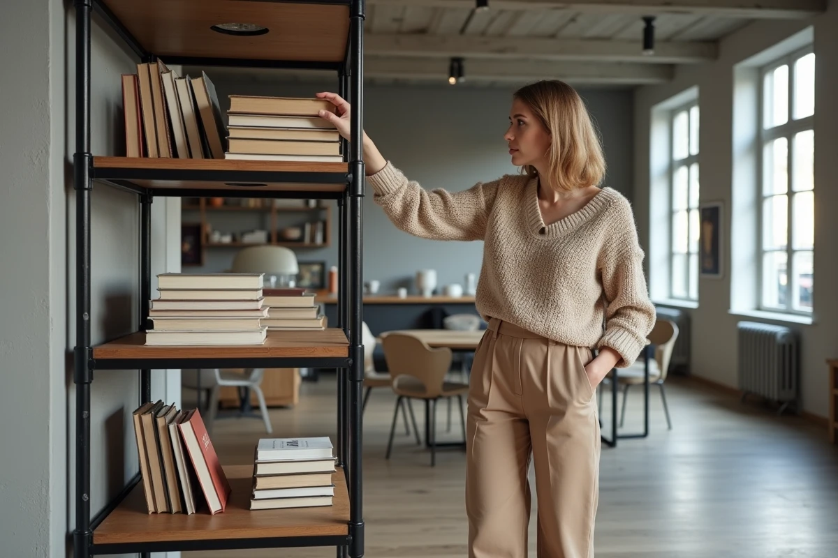 Femme en beige réarrangeant des livres sur une étagère métal