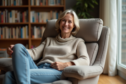 Femme souriante relaxant dans un fauteuil moderne