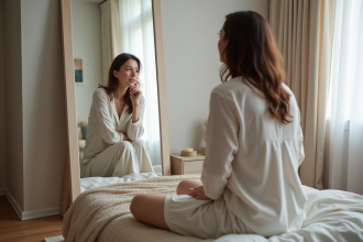 Femme en pyjama regardant le miroir dans la chambre