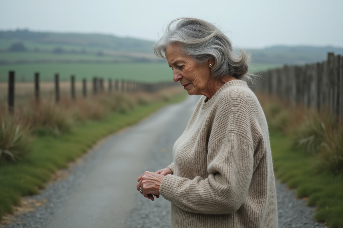 Femme âgée touchant la route en gravier rural