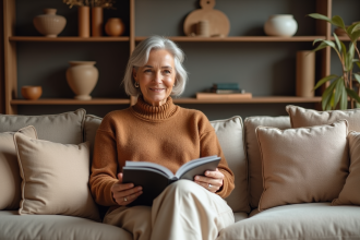 Femme mature dans un salon de décoration moderne et chaleureuse