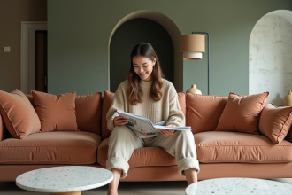Jeune femme en salon moderne feuilletant un magazine de design