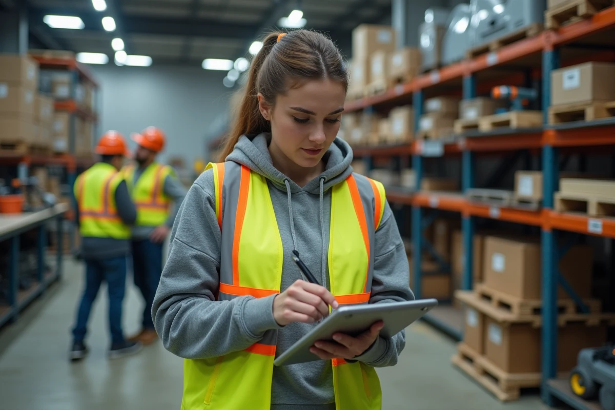 Femme signe sur tablette dans depot d