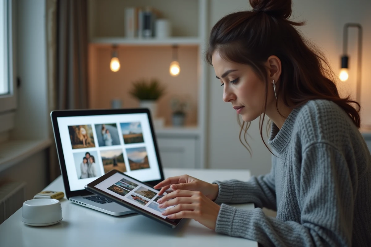 Femme parcourant une interface de stockage cloud sur tablette avec un cadre photo connecté posé sur son bureau