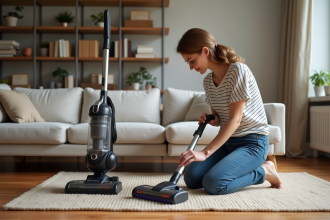 Femme comparant deux aspirateurs sans sac modernes