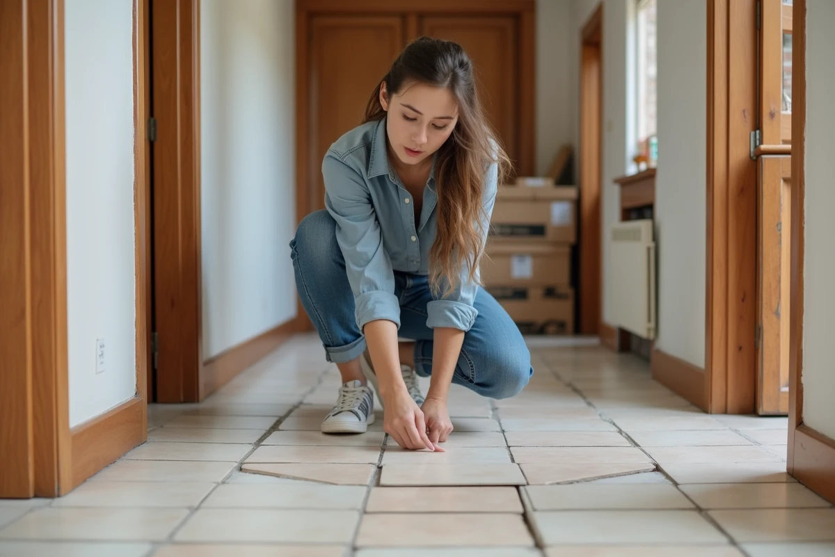 Jeune femme v&eacute;rifiant des carreaux dans un int&eacute;rieur